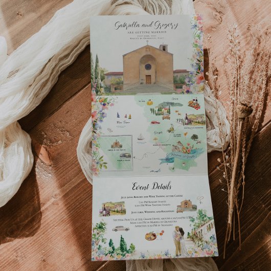 Toscane Italië | Geïllustreerde bruiloft Drieluik Uitnodiging
