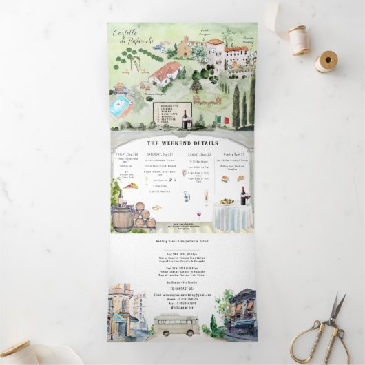 Toscane Italië | Geïllustreerde bruiloft Drieluik Uitnodiging (Binnen)