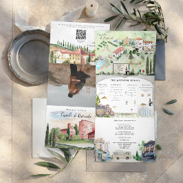 Toscane Italië | Geïllustreerde Huwelijk Drieluik Uitnodiging