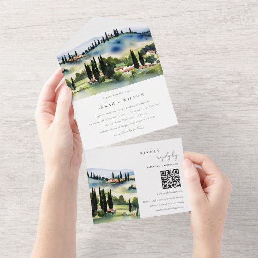 Toscane Italië Waterverf landschap QR-code All In One Uitnodiging (Afscheurbaar)