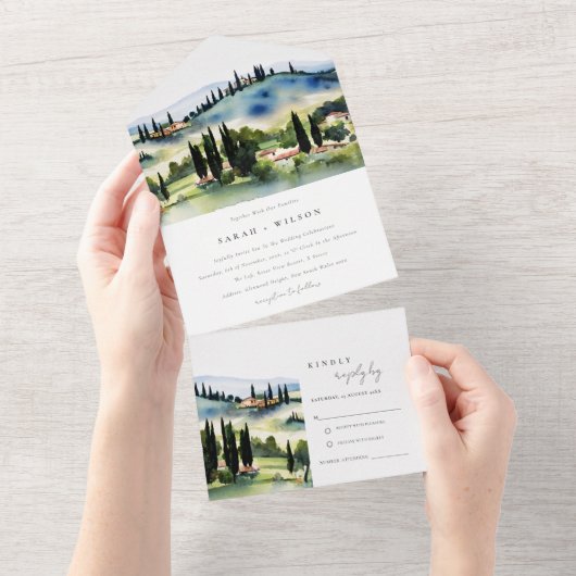 Toscane Italië Waterverf Landschap Weddenschap All In One Uitnodiging (Afscheurbaar)