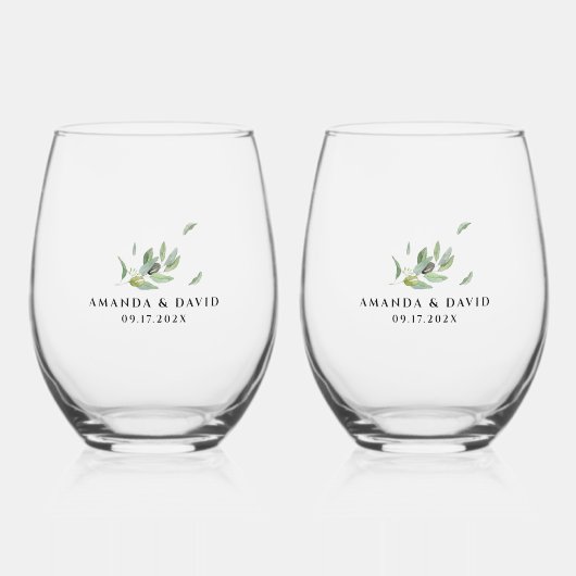 Toscane olijfbladeren tak-dank u wijnglas zonder voet (Voorkant)