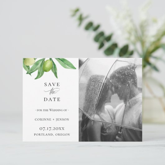 Toscane Olive Branch Photo Save the Date Aankondiging (Staand voorkant)