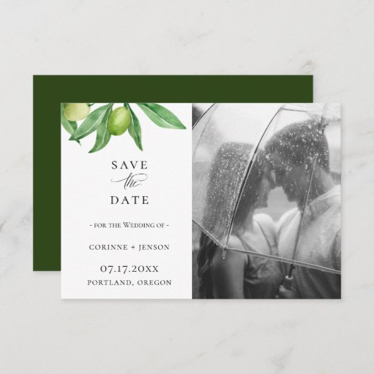 Toscane Olive Branch Photo Save the Date Aankondiging (Voorkant / Achterkant)