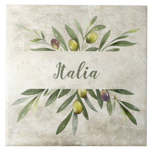 Toscane Rustieke Olive & Branches Italia Script Tegeltje (Voorkant)