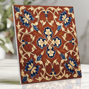 Toscane Terracotta Blauw en Goud Bloemmotief Tegeltje