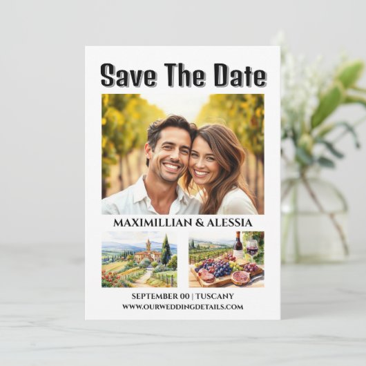 Toscane trouwbestemming waterverf foto chique save the date (Staand voorkant)