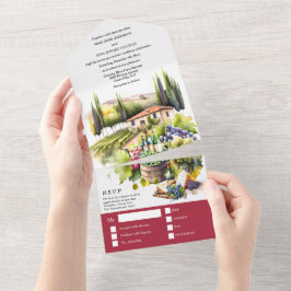 Toscane waterverf bruiloft bordeaux Italiaans wijn All In One Uitnodiging