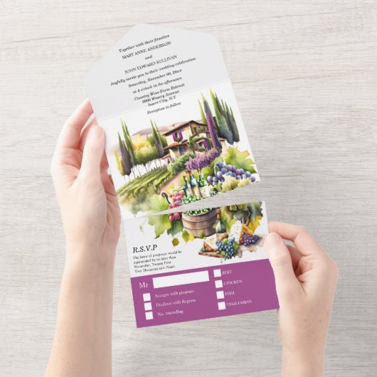 Toscane waterverf bruiloft paarse Italiaanse wijnm All In One Uitnodiging (Afscheurbaar)