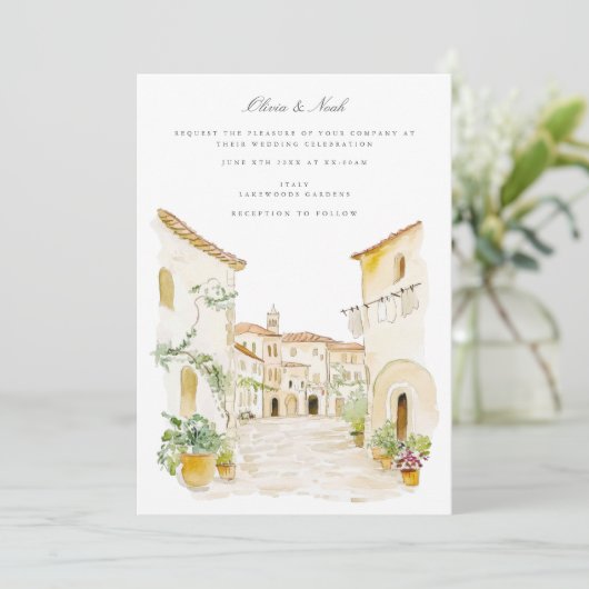 Toscane Waterverf Italiaans bruiloft uitnodiging K (Staand voorkant)