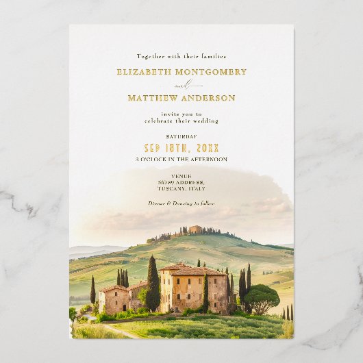 Toscane Waterverf Italië Bestemmingsweddenschap Folie Uitnodiging (Voorkant)