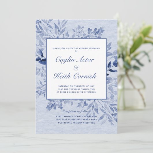 Toscany Blue Greenery Wedding Kaart (Staand voorkant)