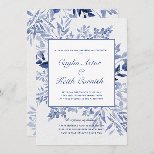 Toscany Blue Greenery Wedding Kaart (Voorkant / Achterkant)
