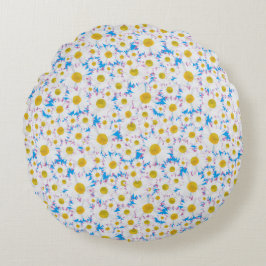 Tossed Ditzy White Daisies op Sky Blue Rond Kussen