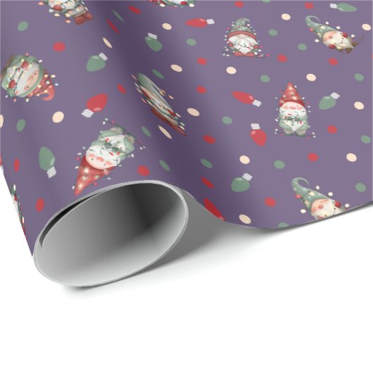 Tossed Gnomes Wrapped in Lights on Gray-Purple Cadeaupapier (Rol Hoek)