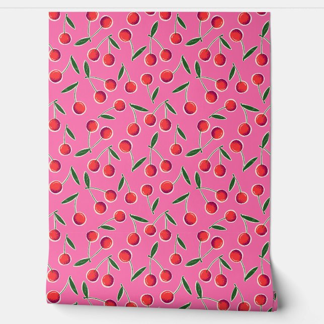 Tossed Retro Berry Kersen op Hot Pink - Keuken Behang (Afrollen)