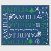 Tot 6 Letters Naam of Tekst Kerstmis Blauw Groen Cadeaupapier (Vlak)