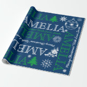 Tot 6 Letters Naam of Tekst Kerstmis Blauw Groen Cadeaupapier (Uitgerold)