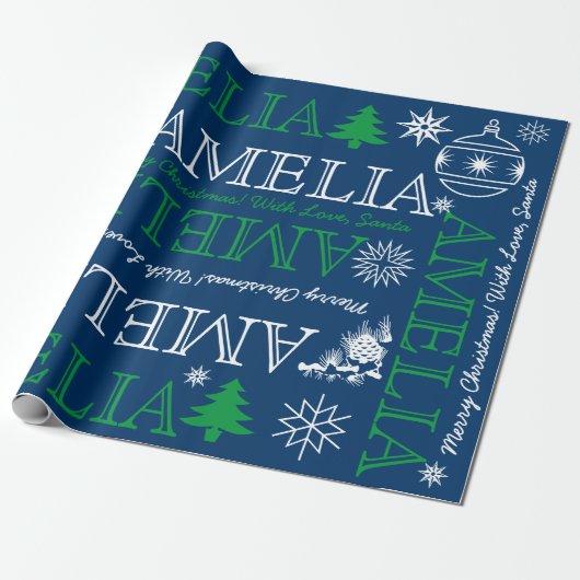 Tot 6 Letters Naam of Tekst Kerstmis Blauw Groen Cadeaupapier (Uitgerold)