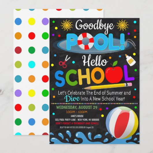 Tot Dag Zwembad Hallo School Feest Uitnodiging (Voorkant / Achterkant)