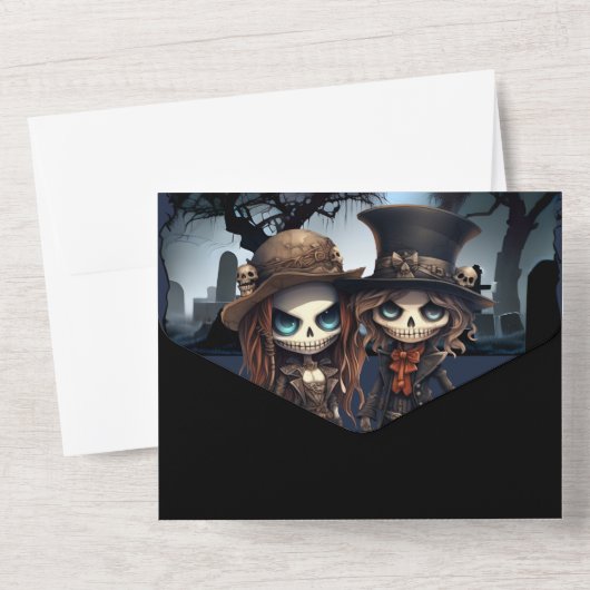 Tot de dood bruids skeletten all in one uitnodiging (Achterkant)