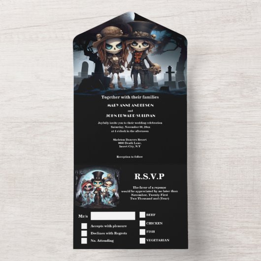 Tot de dood bruids skeletten all in one uitnodiging (Binnen)