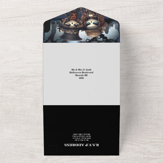 Tot de dood bruids skeletten all in one uitnodiging (Buitenkant)