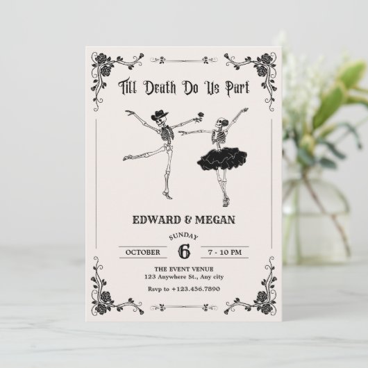 Tot de dood doen ons deel gothic schedel bruiloft kaart (Staand voorkant)
