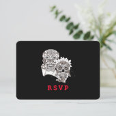 Tot de dood doen we deel van Skulls Red Black Wedd RSVP Kaartje (Staand voorkant)