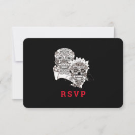 Tot de dood doen we deel van Skulls Red Black Wedd RSVP Kaartje