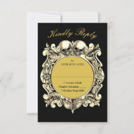 Tot de dood Gothic zwart en goud monogram bruiloft RSVP Kaartje