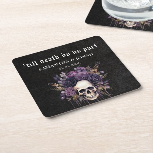 Tot de dood Gotische Bloemenschedels Trouwgunst Kartonnen Onderzetters (Schuin)