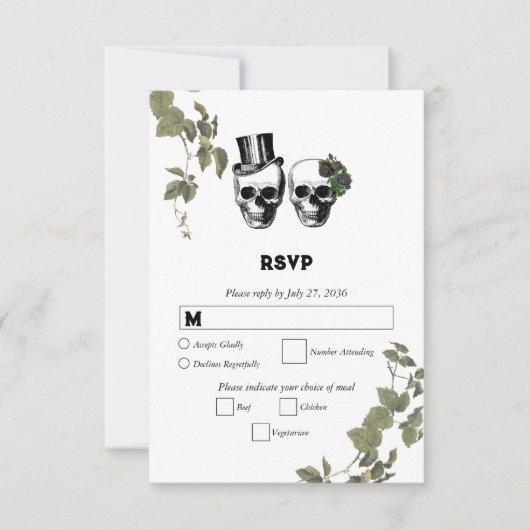 Tot de dood gotische hart bloemrijke schedels brui RSVP kaartje (Voorkant)