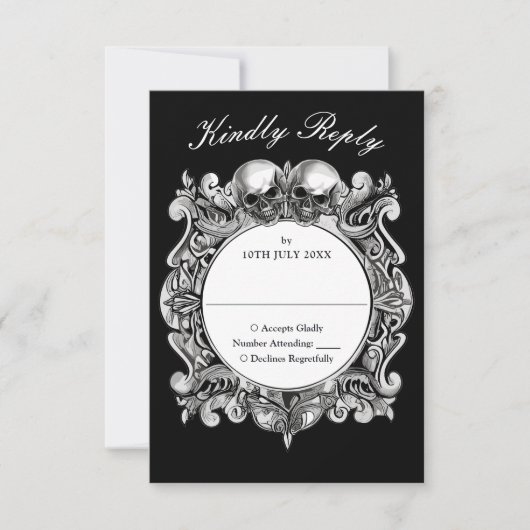 Tot de dood Gotische schedels Monogram bruiloft RSVP Kaartje (Voorkant)