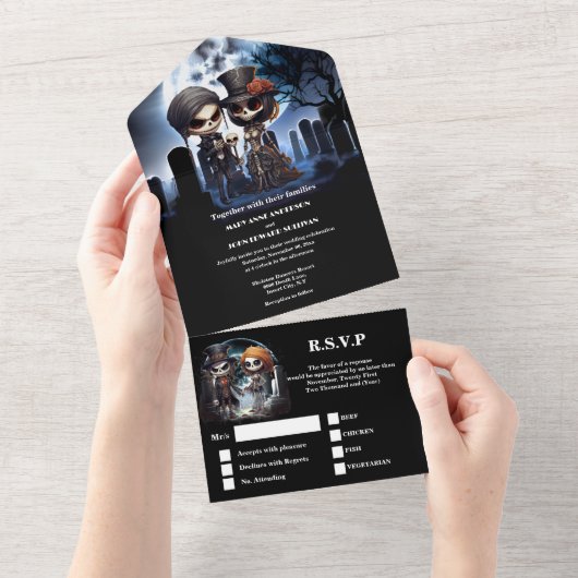 Tot de dood gotische skeletten bruids lijk all in one uitnodiging (Afscheurbaar)