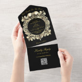 Tot de Dood Gotische Zwarte en Gouden QR-code Trou All In One Uitnodiging (Afscheurbaar)