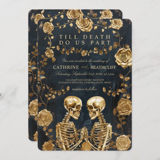 TOT DE DOOD - GOUD Skeletten en Rozen Bruiloft Kaart (Voorkant / Achterkant)