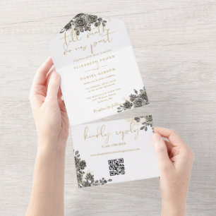 Tot de dood gouden gotische rozen QR-code bruiloft All In One Uitnodiging