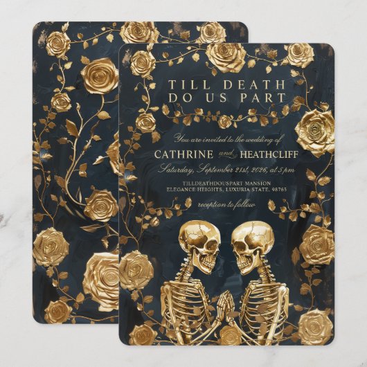 TOT DE DOOD - GOUDEN Skeletten en Rozen Bruiloft Kaart (Voorkant / Achterkant)