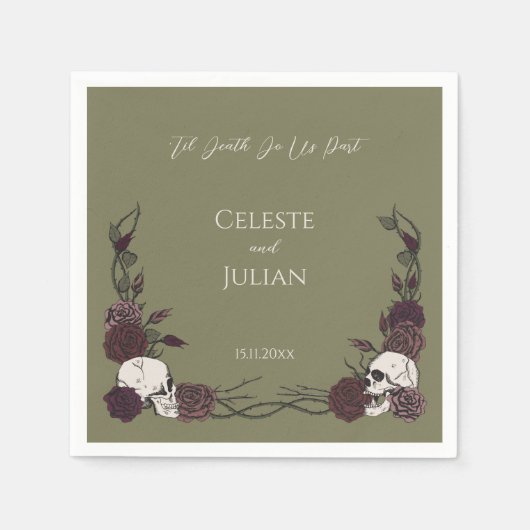 Tot de Dood Olijfgroene Gotische Schedel & Roos Br Servet (Voorkant)