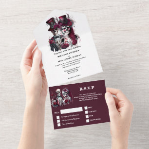 Tot de dood ons deel bordeaux gotisch paar chic all in one uitnodiging