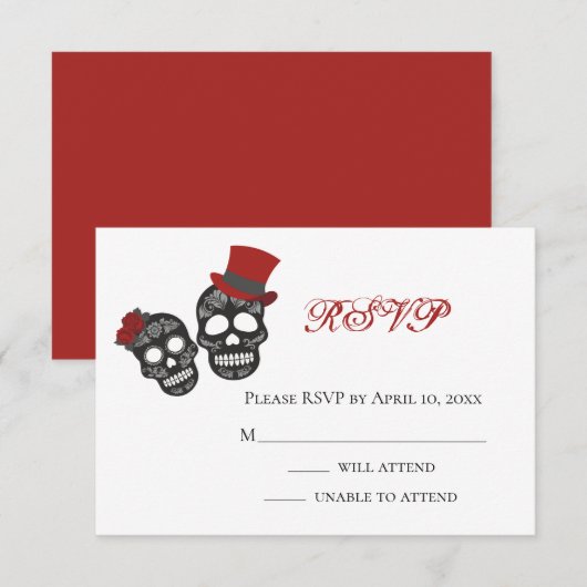 Tot de dood ons deel doen | Zwarte en rode bruilof RSVP Kaartje (Voorkant / Achterkant)