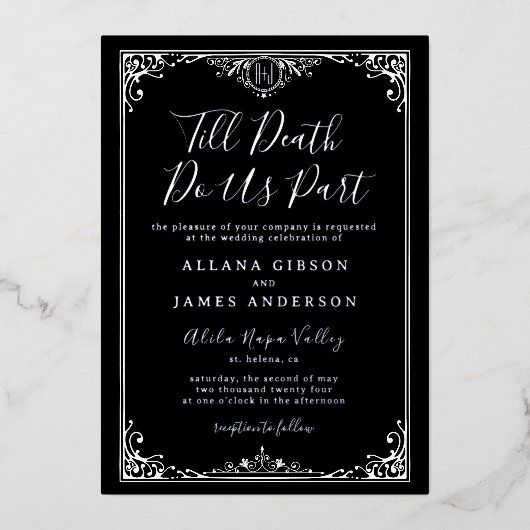 Tot de dood ons deel Gotische Monogram bruiloft Folie Uitnodiging (Voorkant)