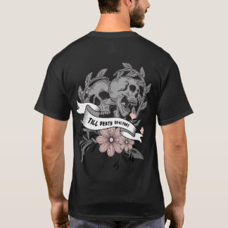 Tot de dood ons deel I grijze roze schedelbloemen  T-shirt