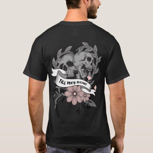 Tot de dood ons deel I grijze roze schedelbloemen  T-shirt (Achterkant)