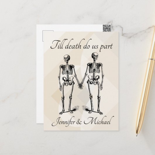 Tot de dood ons deel Skeleton Couple Monogram Briefkaart (Voorkant / Achterkant in situ)
