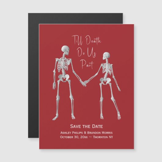 Tot de dood ons Deel Skeleton Red bewaart de datum Magnetische Uitnodiging (Voorkant / Achterkant)