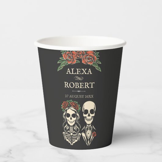 Tot de dood ons scheiden rozen skelet bruiloft papieren bekers (Voorkant)