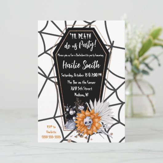 Tot de dood ons scheidt, doodskist, vrijgezellenfe kaart (Staand voorkant)