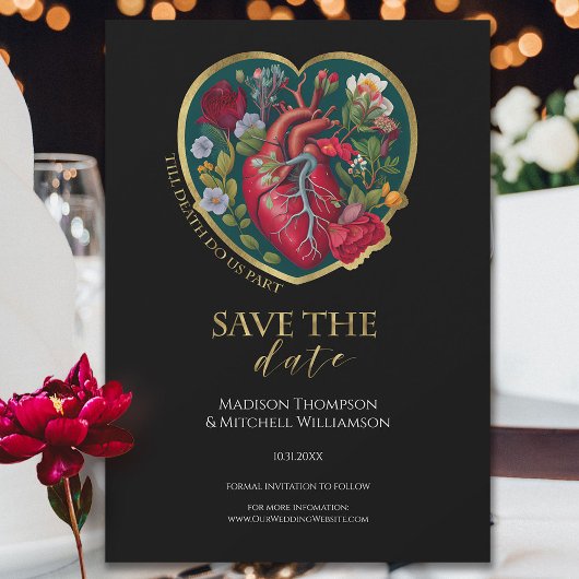 Tot de Dood Ons Scheidt Goth Hart Goud Halloween Save The Date